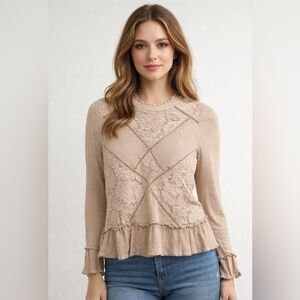 Altar'd State Beige Lace-Paneled Ruffle Hem Long Sleeve Top